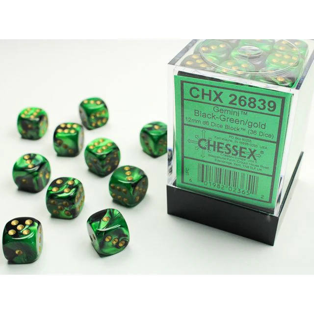 Chessex D6 Block: Gemini (Black-Green/Gold)