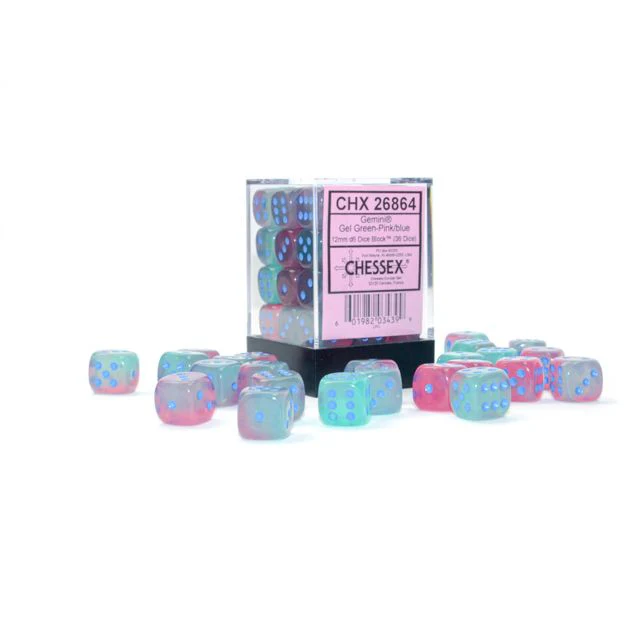 Chessex D6 Block: Gemini (Gel Green-Pink/Blue)